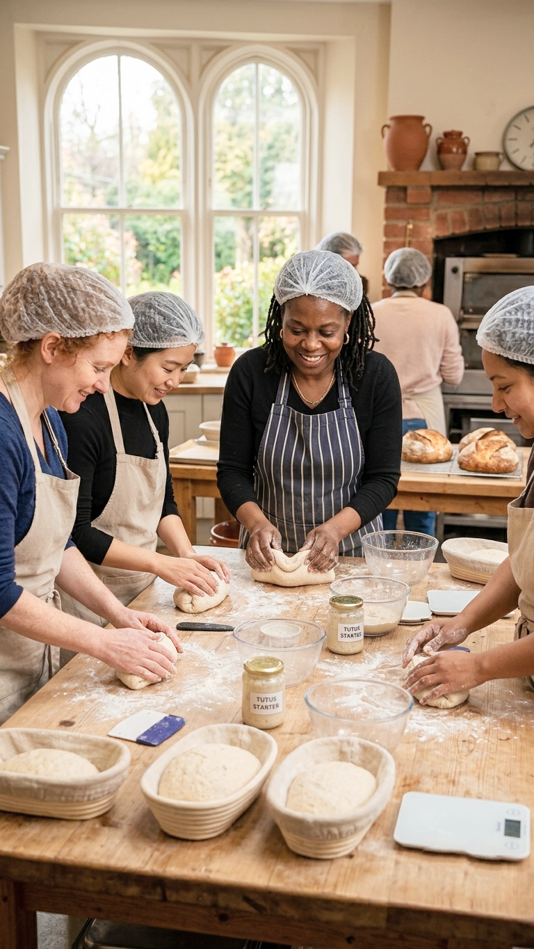 A baker in a hairnet using a wooden peel to carefully transfer freshly baked, artisan sourdough bread onto a stainless steel cooling rack in a professional kitchen.